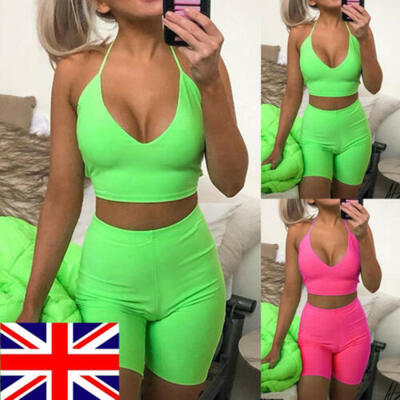 

Women Two-Piece Holiday Halter Crop Top Shorts Set Summer Beach Mini Jumpsuit