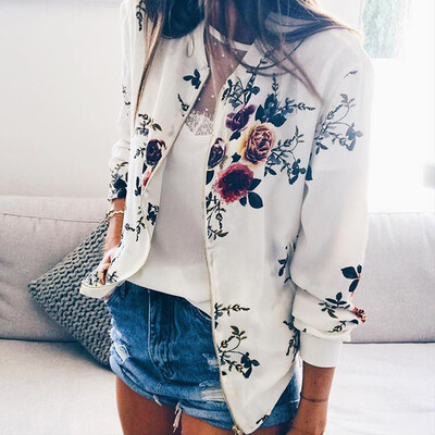

Roseonmyhand Womens Ladies Retro Floral Zipper Up Bomber Jacket Casual Coat Outwear