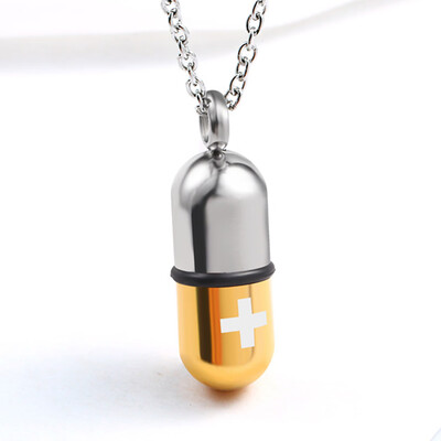 

Jewelry Stainless Steel Cross Capsule Medicine Pill Pendant NecklaceMulti Color Option