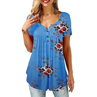 

Womens Summer Floral V Neck Blouses Loose Baggy Tops Tunic T Shirts Plus Size