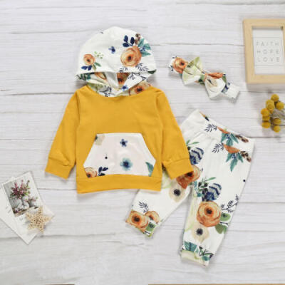 

US 3PCS Toddler Baby Girls Clothes Floral Hooded Tops Pants Winter Outfits Set