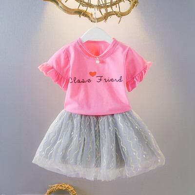 

Children Girls Casual Summer Letter Print Short Sleeve T-shirtMesh Skirts Suits 2Pcs Costume Set