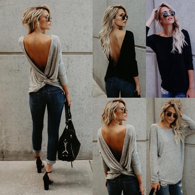 

Women Ladies Fashion Long Sleeve T Shirt Loose Open Back Twisted Tops Blouse