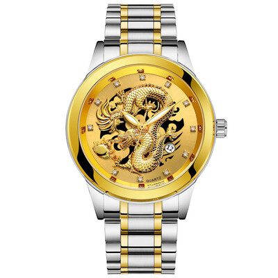 

Gobestart Waterproof Mens Gold Dragon Sculpture Quartz Watch Luxury Men Steel Wristwatch