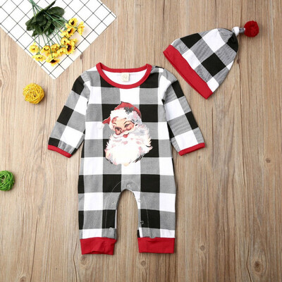 

Infant Baby Boy Girl Clothes Santa Claus Plaid Romper Jumpsuit Hat Outfit Set