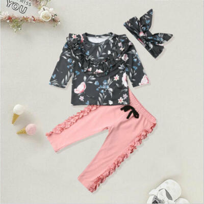 

UK Toddler Baby Girls Ruffles Flower Kid Tops Pants Headband Autumn Clothes 3PCS