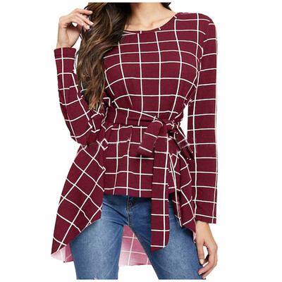 

Gobestart Womens Fashion Round Collar Trim With Plaid Print Irregular T-shirt Tops