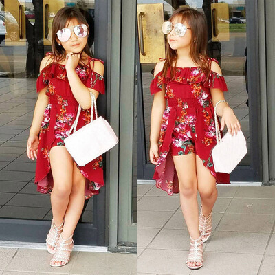 

Toddler Baby Girls Off Shoulder Floral Print Ruffles Pantskirt Outfits Sets