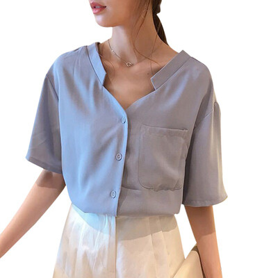 

Women Blouse Loose V-Neck Women Casual Solid Color Blouses Summer Fashion Lady Short-Sleeve Shirt