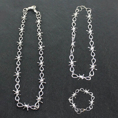 

3PcSet Thorns Iron Necklace Heavy Duty Padlock Choker Metal Collar Unisex Chain Hip-Hop Necklace