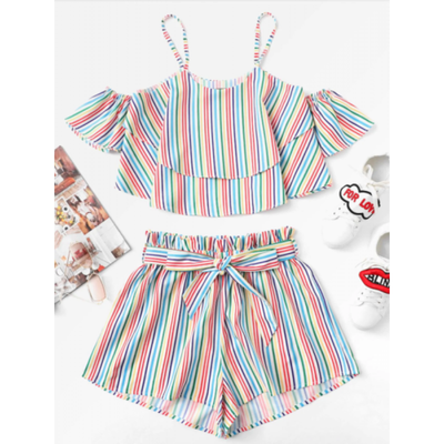 

Toddler Kid Baby Girl Summer Stripe Top T-shirtShort Pants Outfit Clothes 2pcs