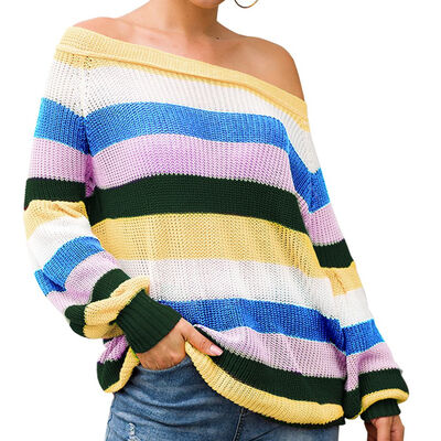 

Women Boat Neck Off Shoulder Knitted Sweater Rainbow Stripe Color Long Sleeve Loose Casual Pullover Sweaters