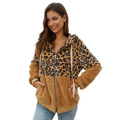 

Casual Leopard Women Zippers Jacket Winter Loose Fashion Hooded Cap Coat