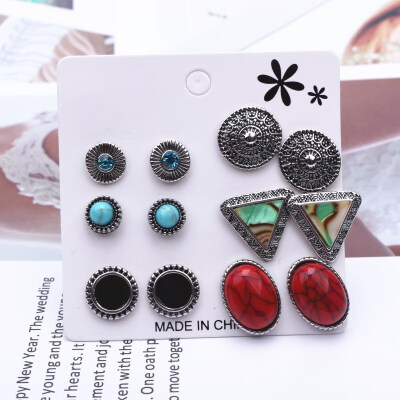 

EK402 6Pairsset European American Earring Sets Alloy Triangle Round Gem Stone Beads Totem Mixed Earrings Bohemian Retro Jewelry