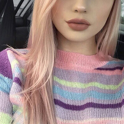 

Cardigan Autumn New Sweet Striped Print Knit Color Matching Bottoming O-Neck Long-sleeved Sweater Women Fashion Short Pullover