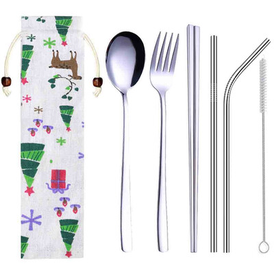 

Siaonvr Stainless Steel Dinnerware Set Metal Straw Spoon Fork Chopsticks Tableware 6 Pcs