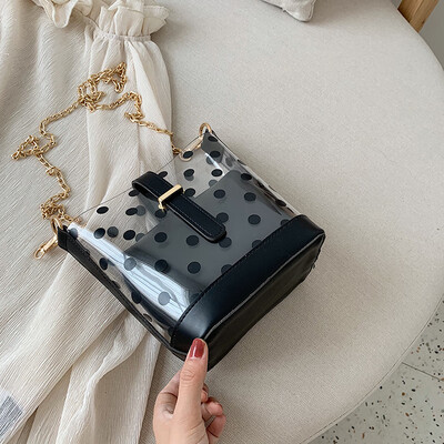 

Ins summer new transparent bag girl new 2019 Korean version of 100 lap chain bucket small bag slanted jelly bag