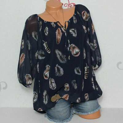 

Women V-neck Chiffon Tops Long Sleeve Tunic Blouse Flower Print Shirts Plus Size