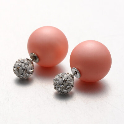 

Frosted Plastic Pearl with Polymer Clay Rhinestone Ball Stud Earrings LightSalmon 816mm Pin 08mm