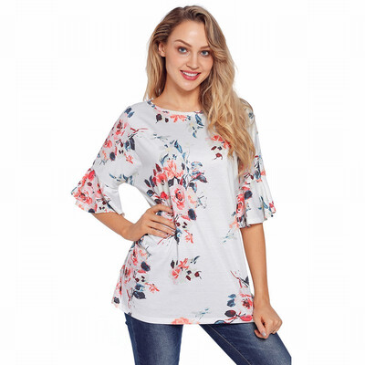

Round neck cropped sleeve bohemian print loose tops womens