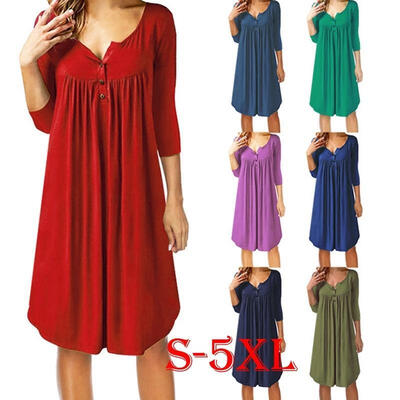 

Women Summer Casual Shirt Beach Wear Sexy V-neck Off Shoulder Long Vest Tunic Dress Loose T-Shirt Fashion Soild Color Button T