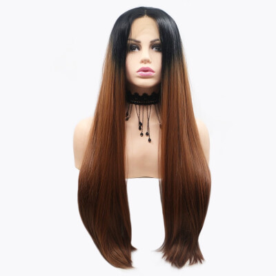 

Amazing Star Lace Frontal Wigs Straight Hair Ombre Brown Color Heat Resistant Fiber Middle Part Synthetic Hair For Fashion Women