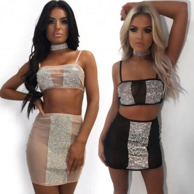 

Sexy 2 Piece Sexy Sequins Sleeveless Fashion Bandage Bodycon Party Mini Dress