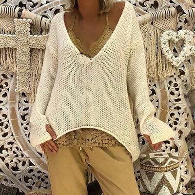

Women Casual Baggy Soft Sweater V-neck Pullover Long Sleeve Knitwear Bat Tops