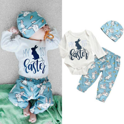 

My 1st Easter Newborn Baby Boy Girl Romper Long Pants Hat Cotton Outfits Clothes