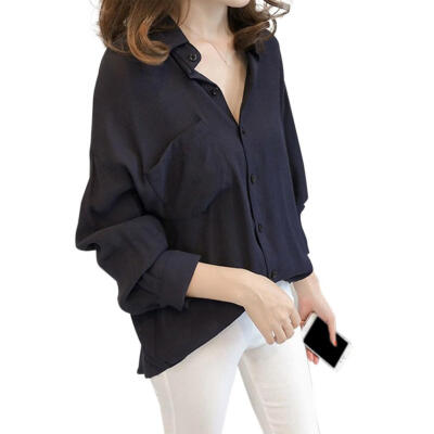 

Spring Women Shirt Bat Sleeve Pocket Loose Solid Color Stand Collar Tops