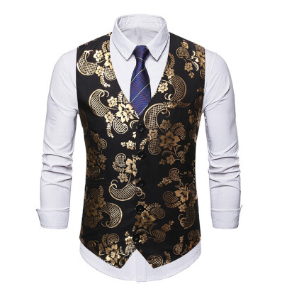 

Toponeto Mens Fashion Business Casual Gold Stamping Flower Printing Waistcoat Tops Vest