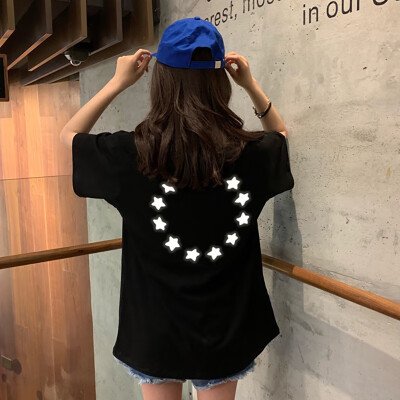 

Womens Fashion Summer Round Neck Casual Short Sleeves Letter & Stars Printing Reflective T-Shirt