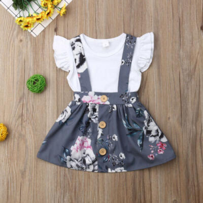 

US Toddler Kids Baby Girl Tops T Shirt Overall Skirt Suspender Dress Outfit Set