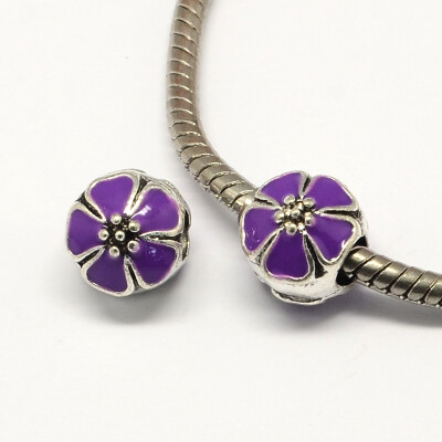 

Alloy Enamel Flower Large Hole Style European Beads Antique Silver DarkViolet 10x11mm Hole 4mm