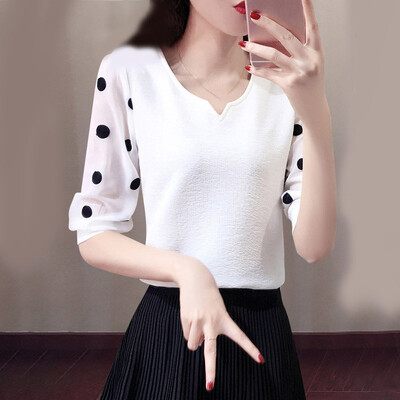 

Women Polkadot Printed V-neck Casual Loose Tops Shirt Plus Size Vintage Blouse
