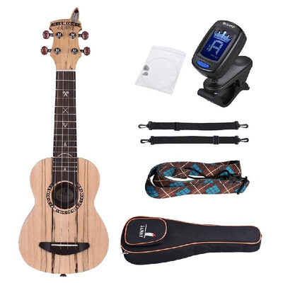 

21" Acoustic Wooden Soprano Ukulele Ukelele Uke Spalted Maple Wood Carbon String with Padded Carrying Bag Strings Strap Clip-on Tu