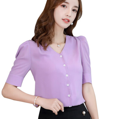 

New Women V-Neck Solid Color Shirts Summer Short Sleeve Casual Top Female Button Fashion Chiffon Blouse Office Lady Shirt