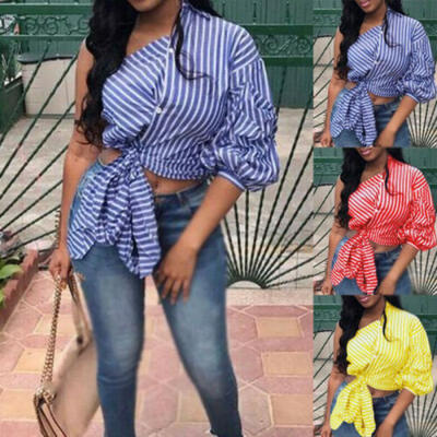 

Women Lady Long Sleeve One Shoulder Striped Crop Tops Fashion Loose Blouse Shirt