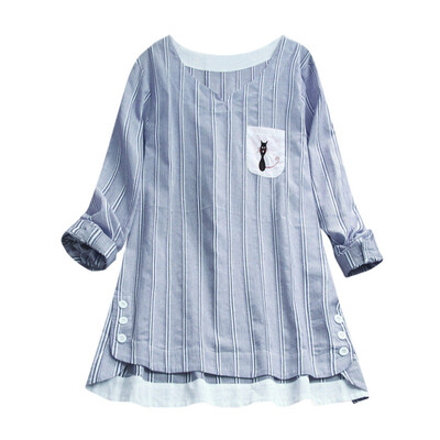 

Womens Tops Striped Embroidered Cat Pullover Long Sleeve Loose Home Wear Tops