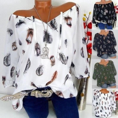 

Women&acutes Plus Size Half Sleeve Feather Printed V-neck Blouse Pullover Tops Shirt