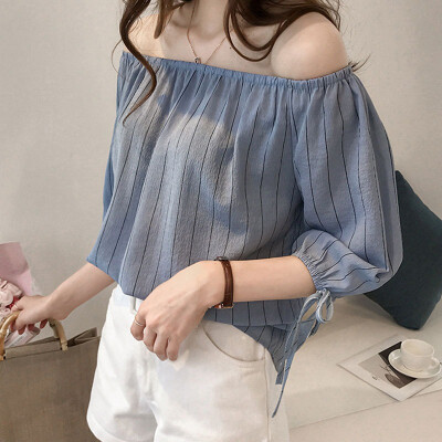 

Women Chiffon Blouse Summer Elegant Striped One Word Blouse Shirt Strapless Lantern Sleeve Loose Casual Tops Plus Size