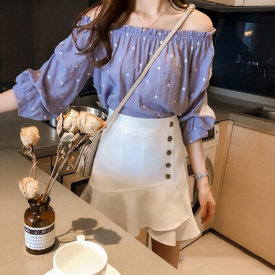 

Women Sexy One Word Collar Off-the-shoulder Chiffon Slim Print Ruffled Seven-point Sleeve Tops