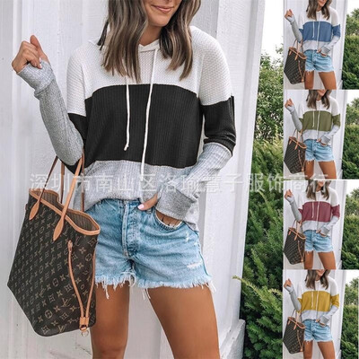 

2019 Amazon Wish AliExpress Hot stitching Colorblock Turtleneck Waffle DrawString Hoodie Shirt Women blue