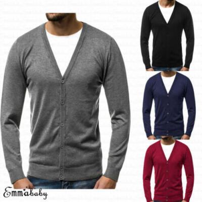 

New Mens Long Sleeve V Neck Sweater Jumper Cardigan Sweatshirt Plain Top -3XL