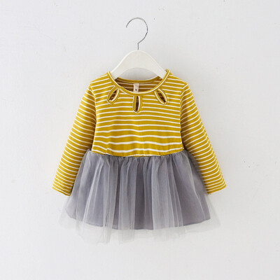 

Autumn Girl Dresses 18M-4Y Casual Striped Pattern Long Sleeve Kids Toddler Baby Girls Patchwork Mesh Dress Kids Princess Dresses