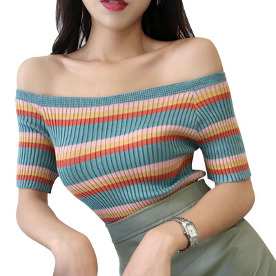 

Sexy Colorful Stripe Pattern Womens Tees Korean Style Sexy Off The Shoulder Half Sleeve Knit Tops