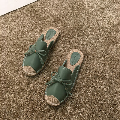 

Red fashion slippers wear autumn Korean Joker flat-bottomed straw bow Baotou half slippers