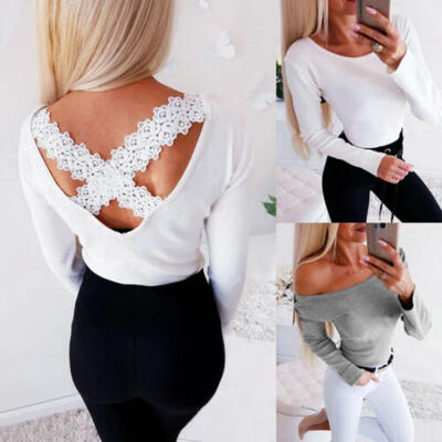 

Autumn Women Casual Blouse Backless Lace Cross Long Sleeve knitting Tops Shirt