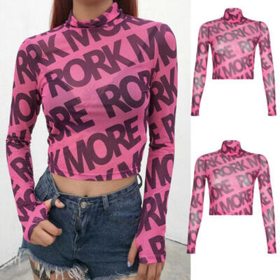 

Womens Crop Tops See through Sheer Long Sleeve Summer High Neck Blouse T-Shirt