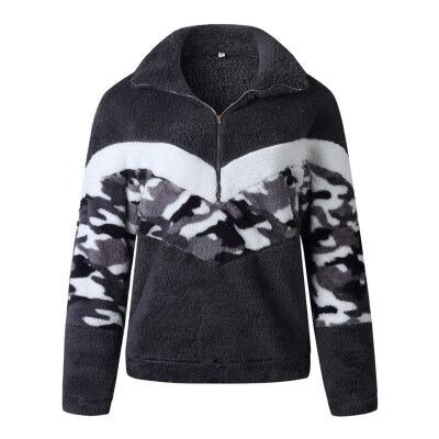 

Women Camouflage Print Matching High Collar Zipper Sweatshirt Autumn Winter Loose Casual Long Sleeve Warm Pullover bluzy damskie